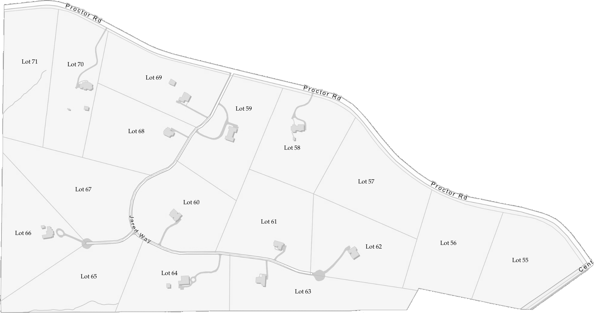 Pointe East neighborhood map showing lots 55 through 71 along Proctor Road and Jared Way